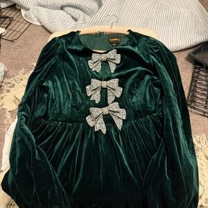 Sugar lips Dress new with tags Green Velvet Dress with Rhinestone Bows